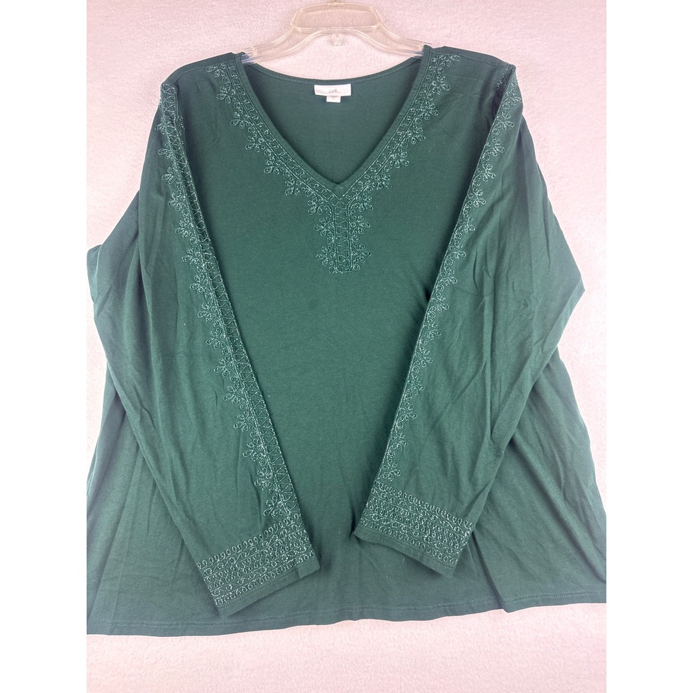 J. Jill Womens Forest Green Embroidered V-Neck Long Sleeve Top L Cotton Blend